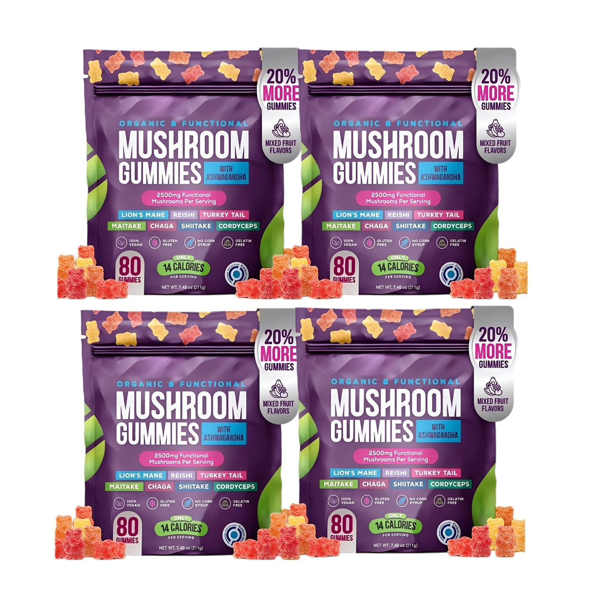 Organic Mushroom Gummies -Lions Mane Mushroom Supplement Gummies- Immune Defense, Boosts Cognitive Performance - 80 Gummies