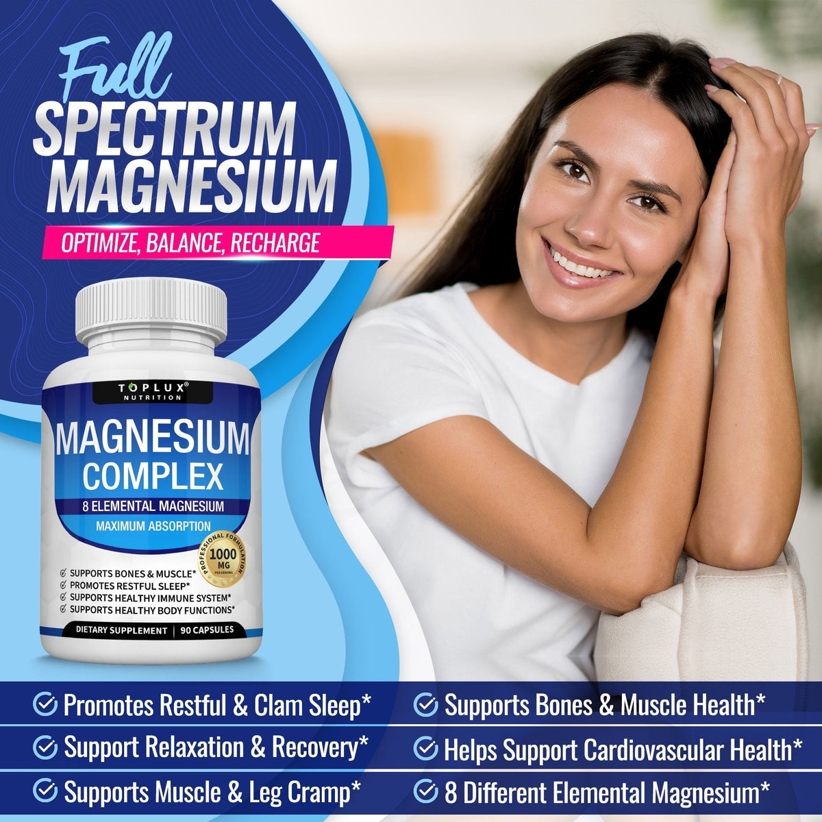 Toplux Magnesium Complex 8 Elemental Magnesium Supplement 1000mg Glycinate, Citrate, Malate, Taurate